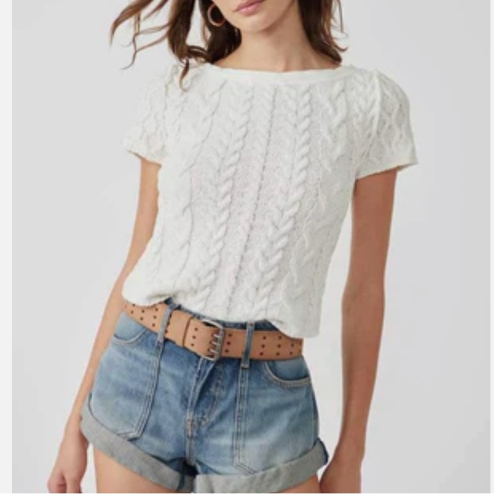 Free People Cream Cable Knit Short Sleeve Tee